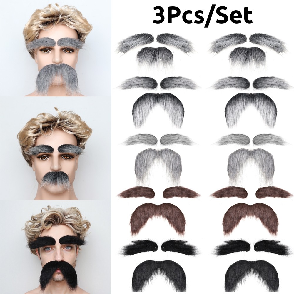 Bộ dụng cụ hóa trang cosplay bao gồm lông mày giả, ria mép và tóc mặt, phù hợp cho bữa tiệc Halloween