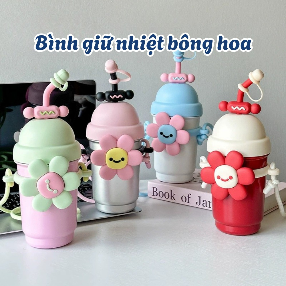 Bình Nước Giữ Nhiệt 700ML Bông Hoa Cúc Chất Liệu Inox 316 Cao Cấp Có Ống Hút + Quai Đeo + Sticker DINOHOME
