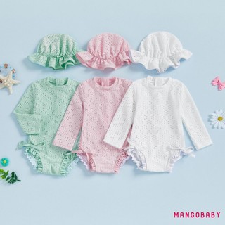 MG-Toddler Girl Eyelet Đồ bơi dài tay cổ tròn Xù Bộ đồ tắm có mũ bơi Bộ 2 chiếc