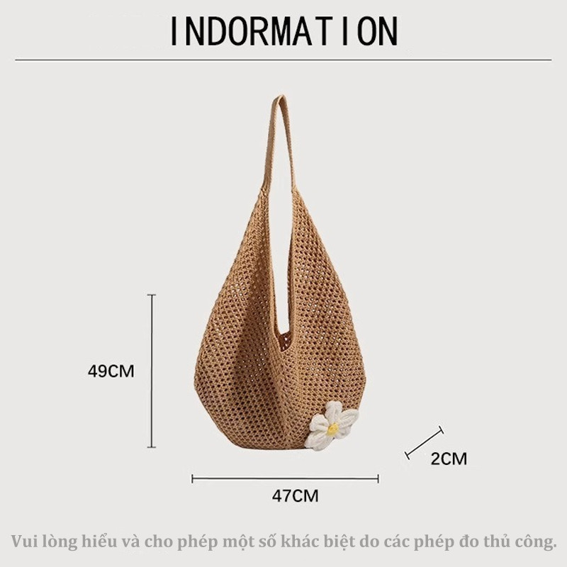 Túi cói tote lưới Hàn Quốc, Thiết kế kẹp nách thời trang,Công suất lớn, hoàn hảo đi biển