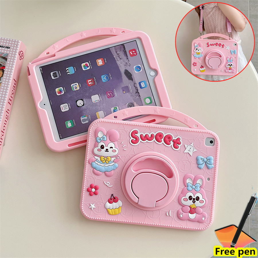 Ốp Lưng Tương Thích Cho iPad (A16) 11th 2025 11 "Vỏ Máy Tính Bảng Trẻ Em An Toàn Xoay 360 Đứng Dây Đeo Thỏ Bao