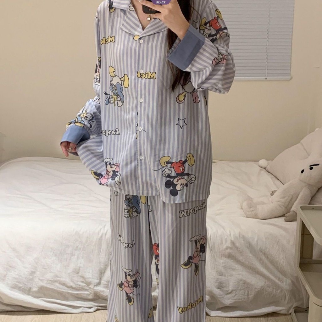 Bộ đồ ngủ vịt Mickey và Donald sọc xanh, quần dài tay, phù hợp xuân thu, bộ đồ gia đình