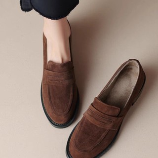 Loafers Giày Đơn Nữ Phong Cách Anh Plus Nhung Giày Da Nhỏ Nữ Mùa Xuân 2024 Mùa Thu Pháp Retro Da Lộn Gót Dày Slip-On Loafers