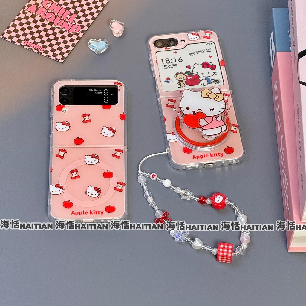 Thích Hợp Cho Samsung Galaxy ZFlip7 ZFlip6 Hoạt Hình Dễ Thương Màu Hồng KT Mèo Giá Đỡ Từ Tính Vỏ Điện Thoại Cho ZFlip 7 6 5 4 3 5G N3Flip MixFlip Dây Gấp Bảo Vệ Cứng