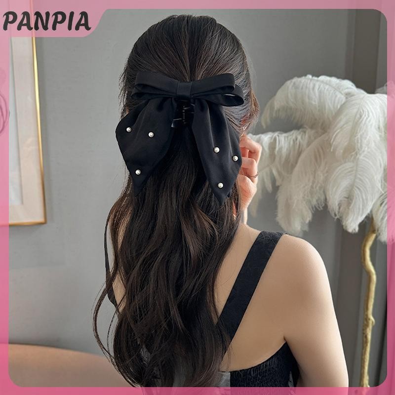 PANPIA-Satin Nơ Kẹp Tóc Tính Khí Mũ Màu Trơn Ngọc Trai Kẹp Tóc Cho Nữ Bé Gái Đuôi Ngựa Phụ Kiện Tóc
