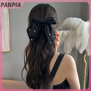 PANPIA-Satin Nơ Kẹp Tóc Tính Khí Mũ Màu Trơn Ngọc Trai Kẹp Tóc Cho Nữ Bé Gái Đuôi Ngựa Phụ Kiện Tóc