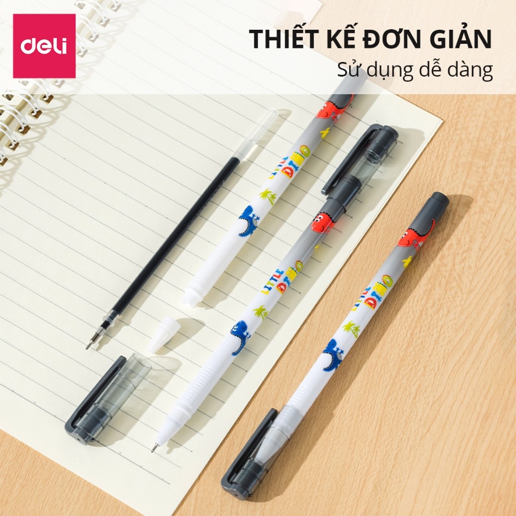 [QUÀ TẶNG] HỘP 12 Bút bi nước học sinh mực gel xanh đen 0.5mm Deli họa tiết khủng long nhanh khô