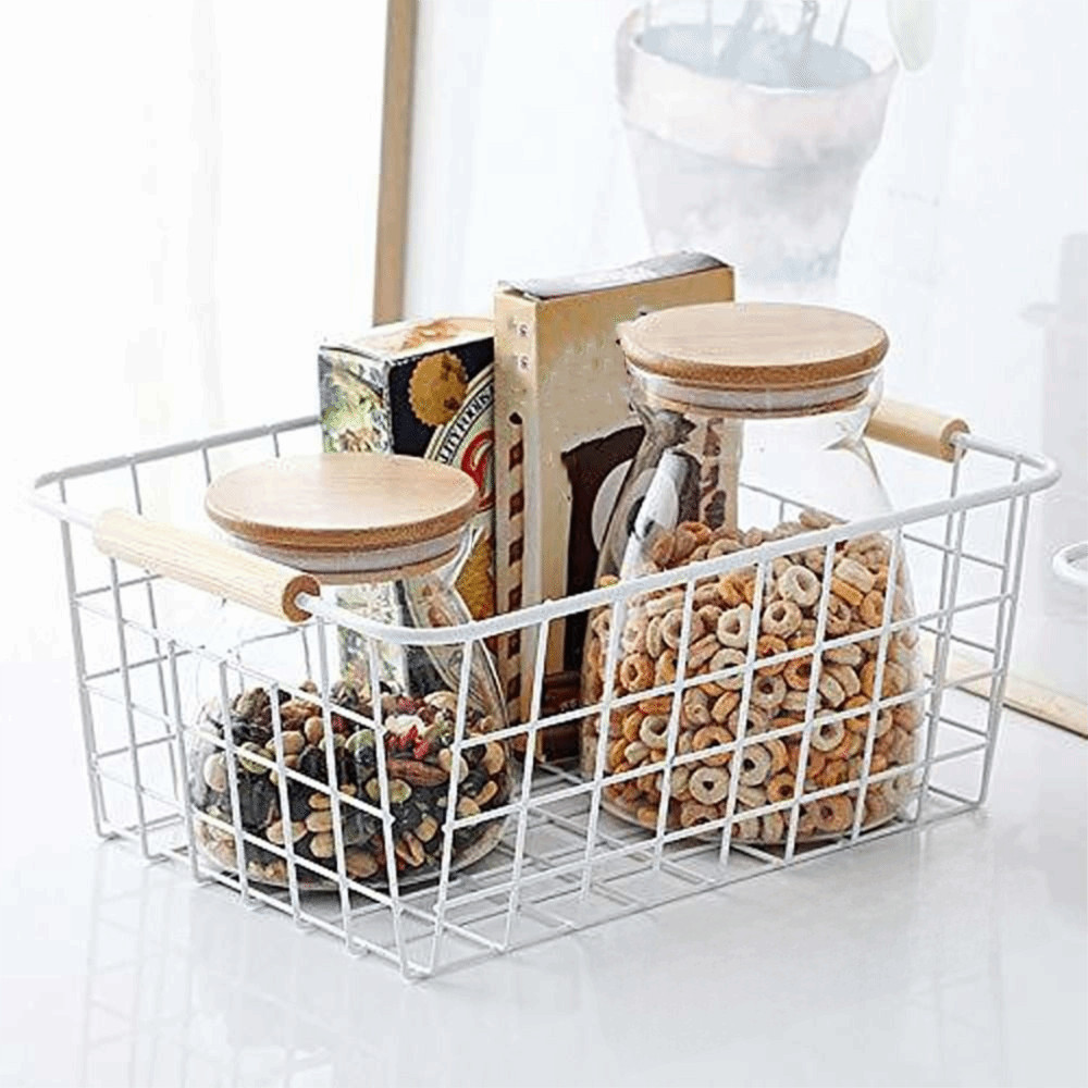 Giỏ đựng đồ để bàn NORBORTO, Giỏ có dây sắt hình chữ nhật bằng kim loại, Di động có tay cầm bằng gỗ Dung tích lớn Giá đỡ đồ ăn nhẹ trái cây rau đen màu trắng cho phòng tắm nhà bếp