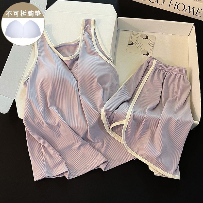 Áo Vest Ngắn Đôi Có Đệm Ngực - Bộ Đồ Ngủ Nữ Phong Cách Mới Chất Liệu Ice Silk Thread