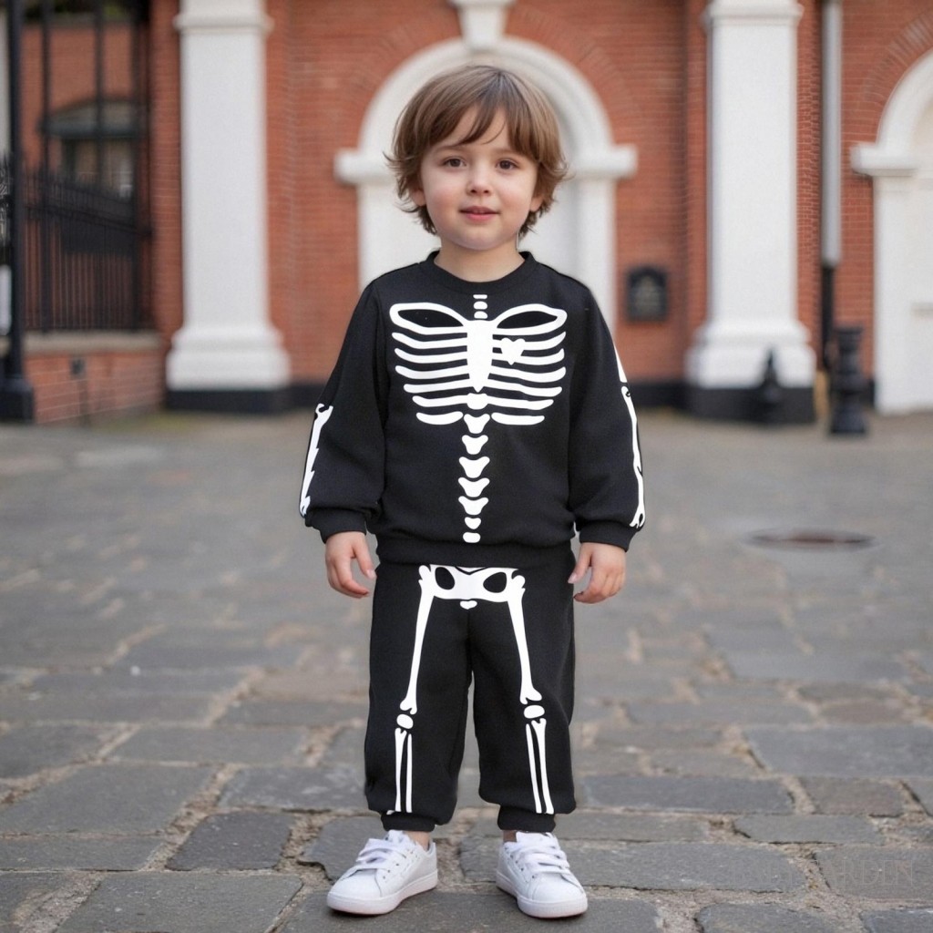1-7 Tuổi Trẻ Em Bé Gái Bé Trai Trang Phục Halloween In Hình Bộ Xương Dài Tay Cổ Tròn Chui Đầu + Quần Eo Co Giãn 2 Chiếc Bộ