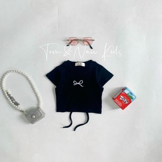 A24-[tomnaukids] Áo thun cộc tay Croptop thêu nơ rút dây cho bé gái thun bozip cotton size từ 8-35Kg