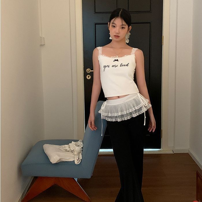 Milyfashion Lớp Fart Rèm Trắng Ren Xếp Ly Voan Khâu Mùa Hè Bust Chữ A Váy Ngắn Eo Cao