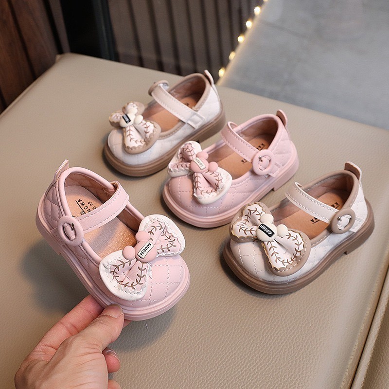 giày búp bê bé gái giày bệt cho bé tập đi chống trượt 6m nơ  gấu xinh xắn da PU mềm êm chân  2413 ( có video ảnh thật )