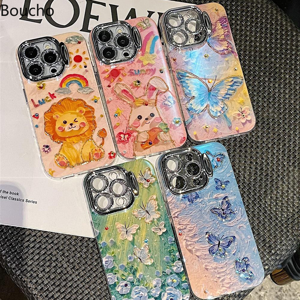Dành Cho iPhone 13 Pro Tranh Sơn Dầu Hoa Bướm Thỏ Họa Tiết Ốp Lưng Điện Thoại iPhone 11 12 13 14 15 Pro Max 15 plus Ống Kính Bảo Vệ Phim Với Giá Đỡ Cụ Thể Chức Năng Bao