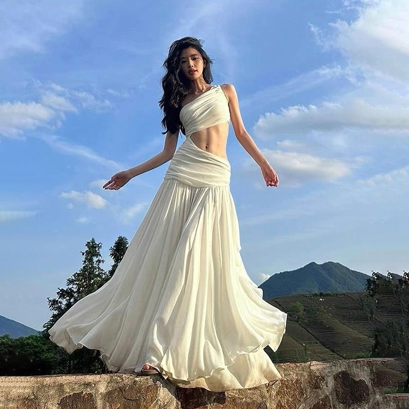Cutenew Váy Maxi thanh lịch dành cho nữ mùa hè lệch vai không tay cắt váy dài đi biển