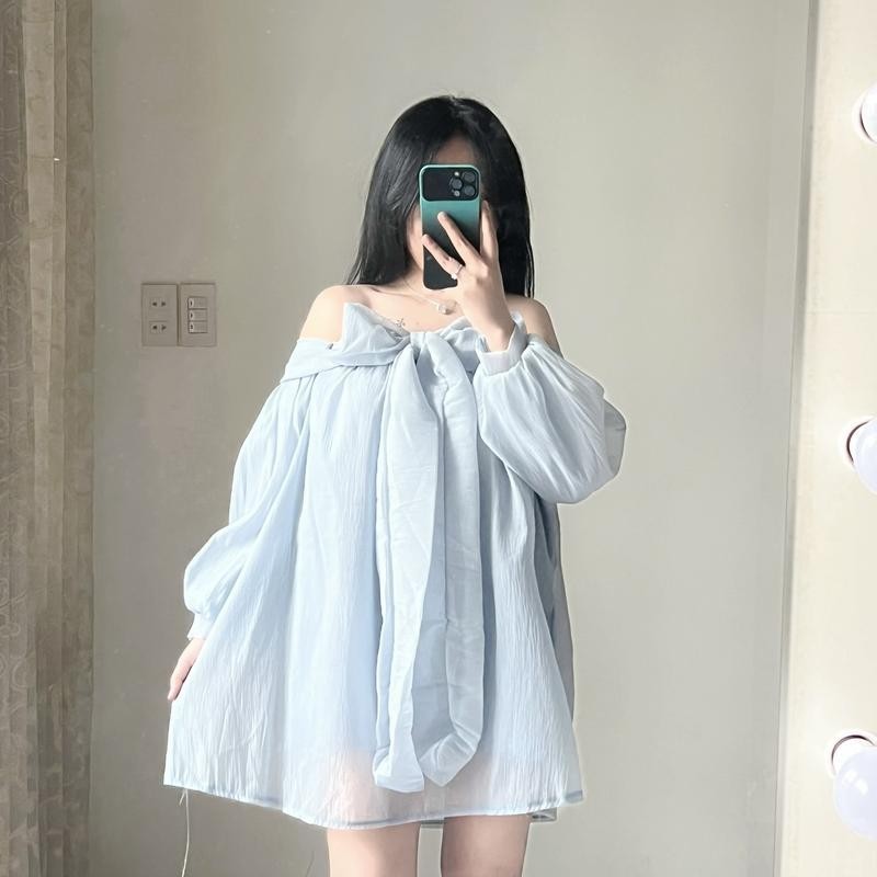 Đầm ngắn nữ kiểu babydoll trễ vai tay bồng xòe thắt nơ 2 lớp cao cấp chất voan tơ- D03 Voi Women Dress Kem