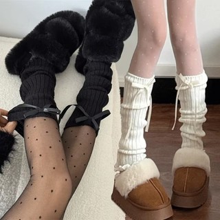 Ấm Chân Dệt Kim Ấm Áp - Gothic, Y2K, Phong Cách Nhật Bản - Thoáng Khí, Mềm Mại, Co Giãn - Tất Ống Giữa Thu Đông - Dành Cho Nữ Bé Gái - Nơ Xù Cánh Tay, Nắp Chân