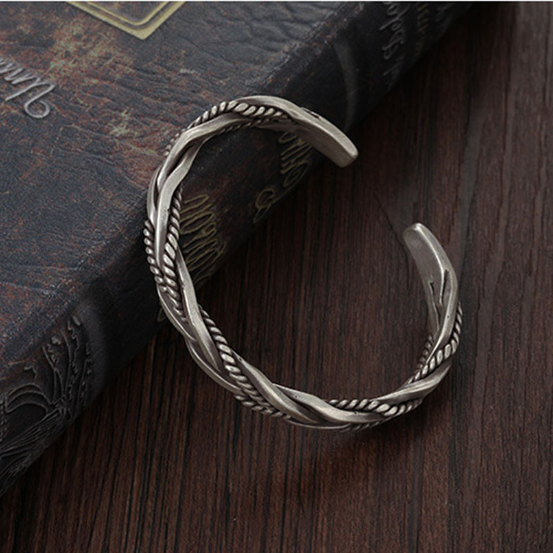 Bạc 925 Xoắn Vòng Tay Dệt Nam Nữ Trung Tính Retro Nguyên Bản Handmade Mở Vòng Tay Thời Trang Trang Trang Sức