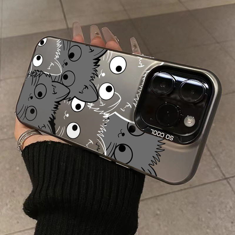 Ốp Lưng Cho iPhone 11 16 14 15 12 13 Pro Max 16e 8 7 Plus XR X XS Max SE2020 2022 Phim Hoạt Hình Mèo Sang Trọng IMD Kim Loại Cứng Chống Sốc