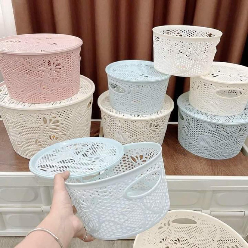 Rổ nhựa tròn hoa có nắp màu mới VIỆT NHẬT cực đẹp 3390