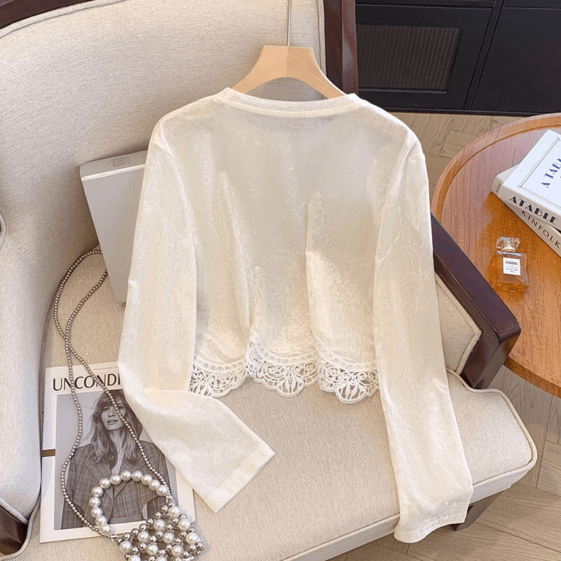 Milyfashion Ren Khâu Hem Nhung Dài Tay Áo Thun Nữ Thu Đông Phong Cách Mới Tất Cả Trận Đấu Mỏng Hơn Nhìn Ngắn Top Mỏng
