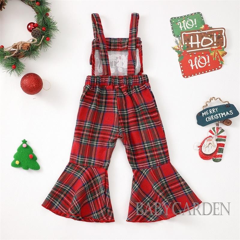 / / -6Month-4years Trẻ Em Bé Gái Áo Liền Quần Giáng Sinh Không Tay Thêu Chữ Kẻ Sọc Suspender Quần loe