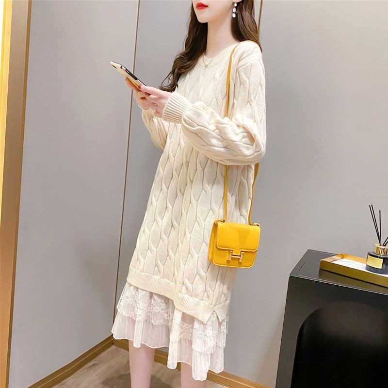 Đầm Dệt Kim Nữ Mùa Xuân Mới Giữa Chiều Dài Ren Mùa Thu Dày Tay Dệt Kim