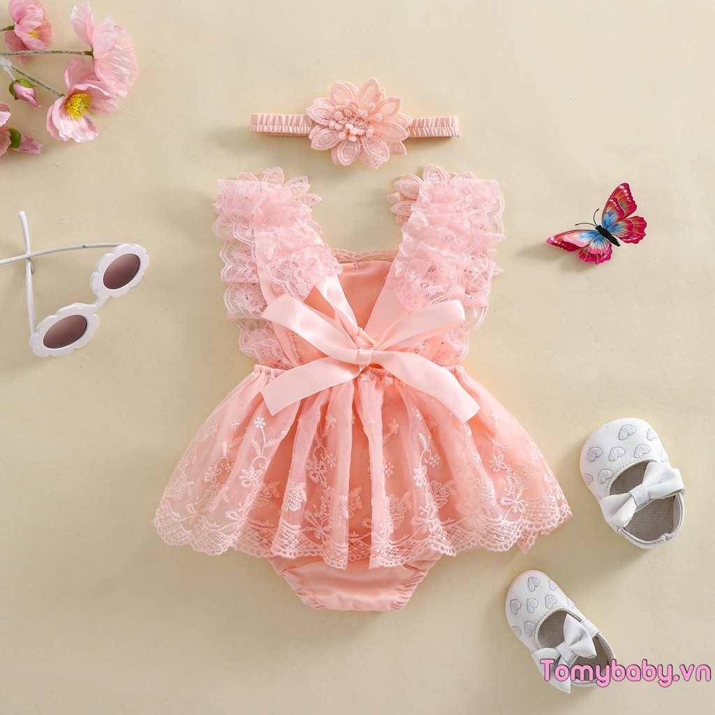 Bộ áo liền quần lưới thêu hoa cho bé gái + Bộ 2 món
