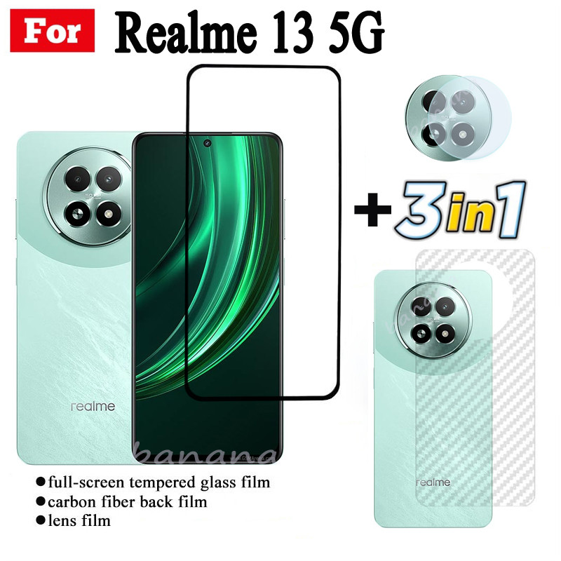 Phim kính cường lực 3 TRONG 1 Realme 13 5G cho Realme 13 + 12 + C63 C61 Kính bảo vệ màn hình toàn màn hình + Phim ống kính máy ảnh + Phim mặt sau