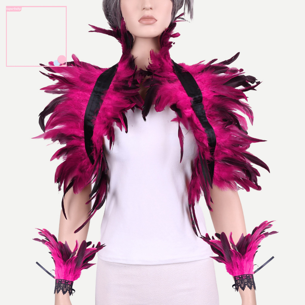 Superbaby Thiết Kế Lông Vũ Khăn Choàng Lông Vũ Bộ Vòng Tay Lông Khăn Choàng Phong Cách Gothic Cổ Có Vòng Cổ Halloween Cosplay Khăn Đeo Vai