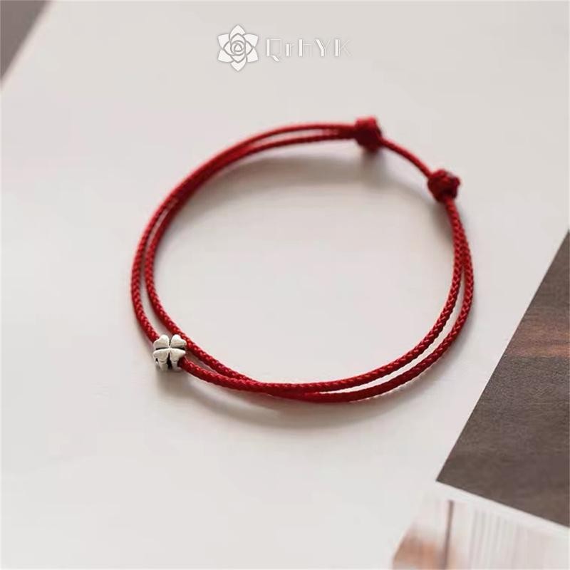 Qrhyk Bốn Lá Cỏ Ba Lá Dây Vòng Tay Màu Đỏ May Mắn Handmade Dây Chuyền Vòng Tay Quyến Rũ Mới