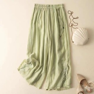 Quần vải lanh cotton mỏng co giãn dành cho nữ, họa tiết thêu retro, phù hợp mùa hè 2025