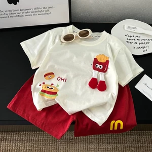 Trẻ Em Mùa Hè Phong Cách Mới Hoạt Hình Phù Hợp Với Bé Trai Bé Gái Thời Trang Dễ Thương Khoai Tây Chiên Pháp Quần Short Tay Ngắn Màu Đỏ Bộ Đồ Hai Mảnh