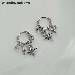 Bông tai mặt dây chuyền hình ngôi sao tám cánh màu xanh zircon, màu bạc, phù hợp làm món quà trang sức.