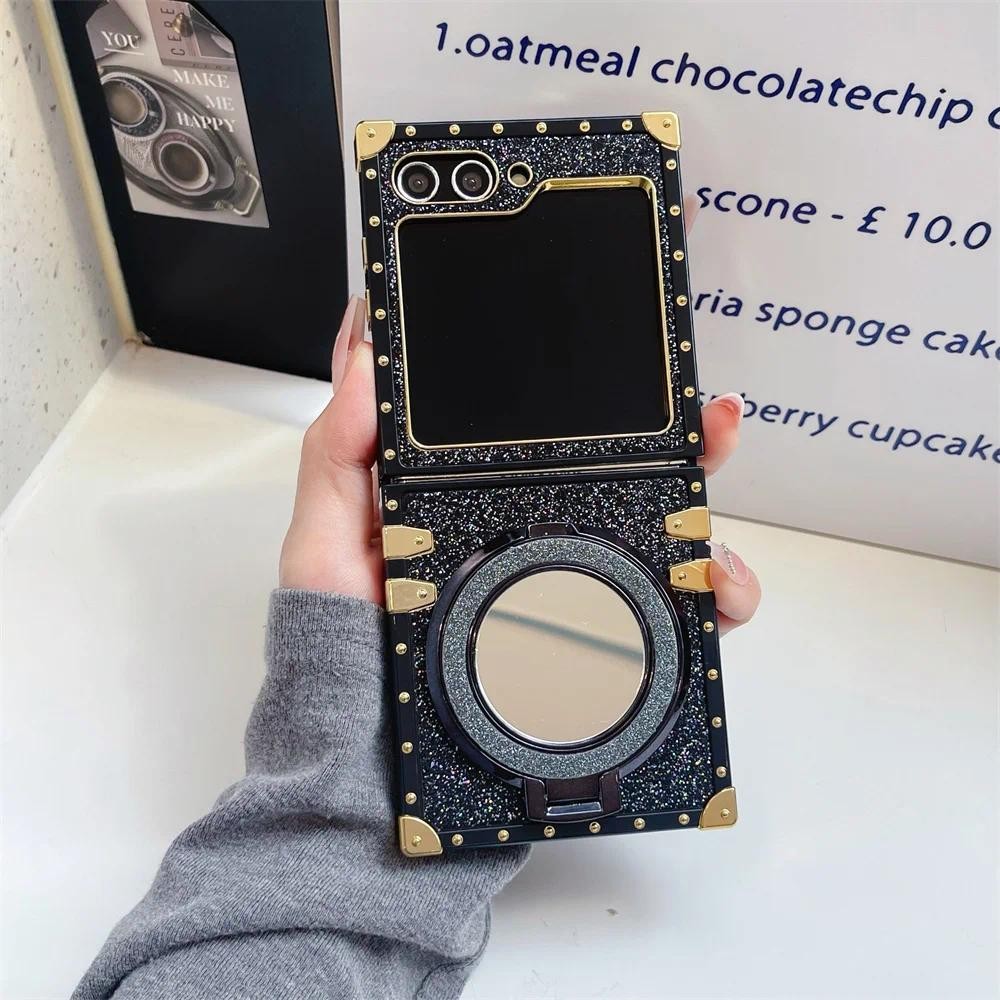 Mạ Bling Long Lanh Dễ Thương Nữ Tính Ốp lưng Gương Giá Đỡ Từ Tính Thích Hợp Cho Samsung Galaxy ZFlip 6 5 4 3 5G Ốp Lưng Bảo Vệ Vỏ Chống Sốc