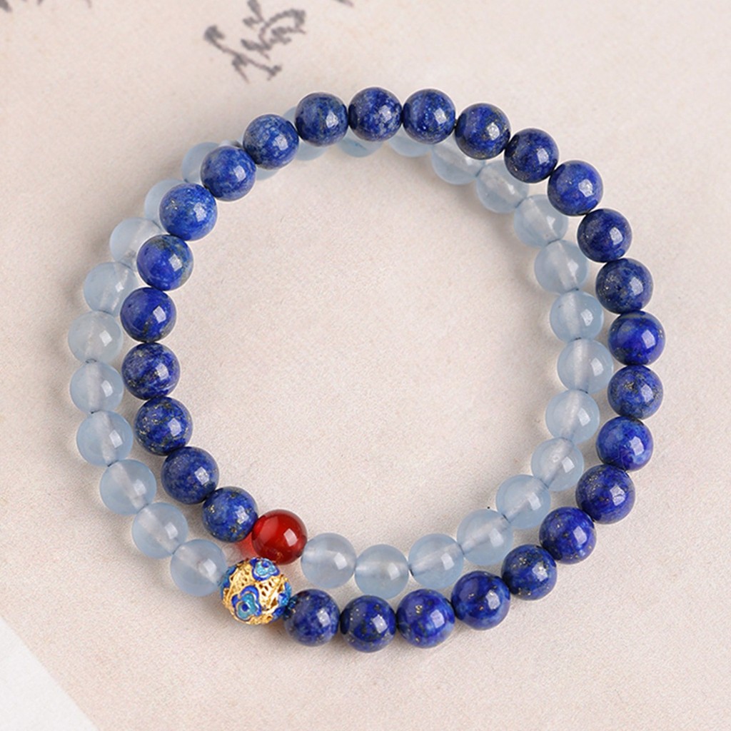 Vòng tay đôi lapis lazuli aquamarine xanh tự nhiên có cảm giác cao cấp