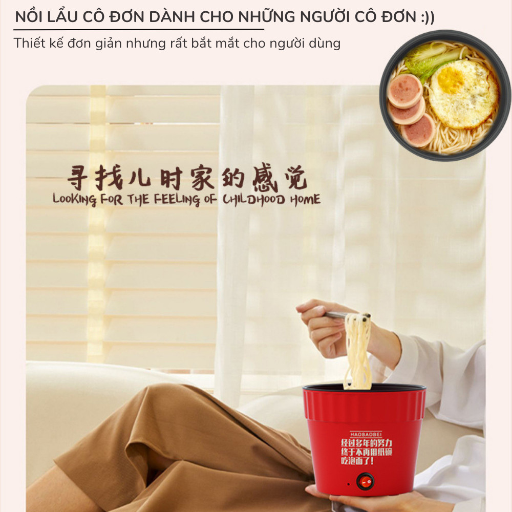 Nồi lẩu điện mini đa năng, Ca nấu mì, Cốc ăn lẩu Cô Đơn dung tích 1.5L công suất 500W phủ chống dính
