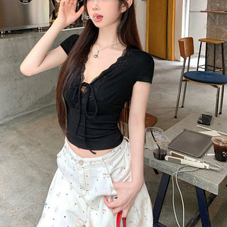 Áo thun nữ cổ V ren dây buộc ôm sát croptop hàn nhật 2025