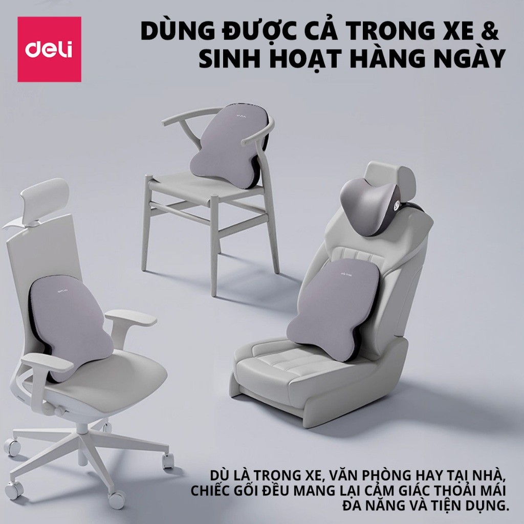 Tựa lưng Deli Giảm Đau Mỏi, Hỗ Trợ Cột Sống dành cho Ô tô, ghế Văn Phòng, Thiết Kế Công Thái Học Điều Chỉnh Tư Thế Ngồi
