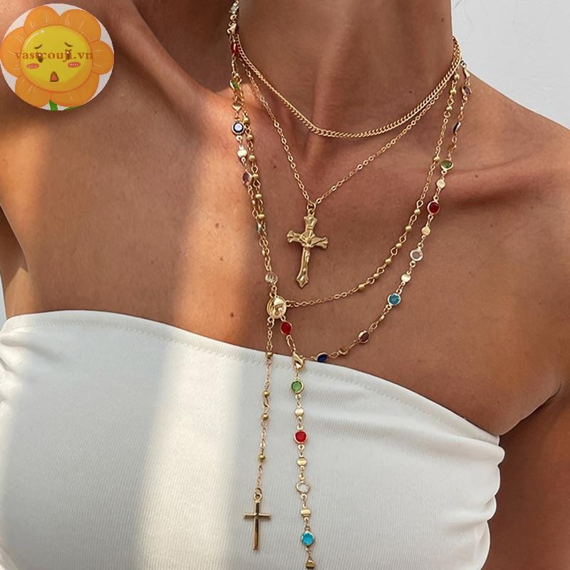 VASTJI Sang Trọng Kim Cương Giả Chữ Thập Mặt Dây Chuyền Vòng Cổ Nữ Cô Gái Vintage Nhiều Màu Sắc Dài Hình Chữ Y Vòng Cổ Hip Hop Đảng Trang Sức Cơ Thể Quà Tặng VN
