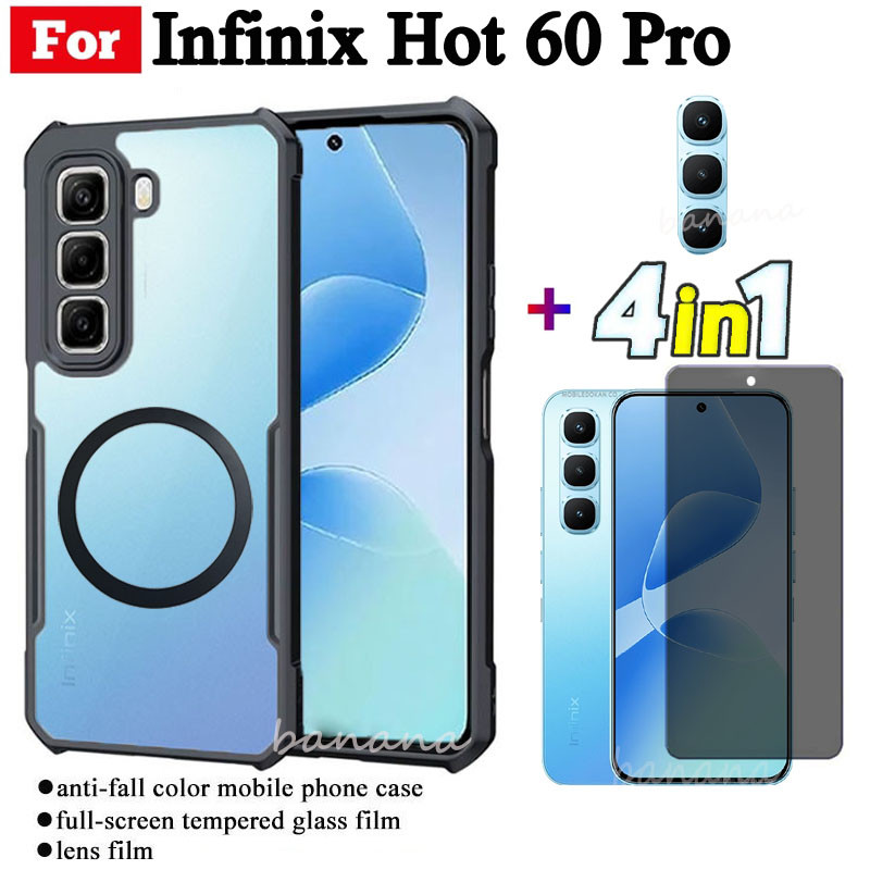 Ốp điện thoại chống sốc 4 trong 1 Infinix Hot 60 Pro có nhãn dán sạc không dây từ tính cho Infinix Hot 60 Hot 60i Chống gián điệp Bảo vệ toàn diện Kính cường lực + Phim ống kính