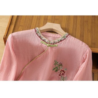 Áo sơ mi thêu vải lanh cotton mùa hè, phong cách Trung Quốc, thiết kế sườn xám với nút ếch