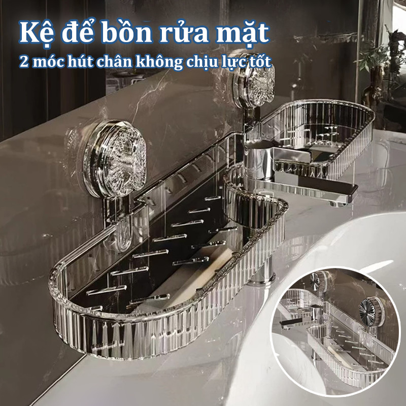 Giá Đựng Đồ Gắn Bồn Rửa Mặt Trong Suốt, 2 móc hút chân không chịu lực tốt, kem lỗ thoát nước