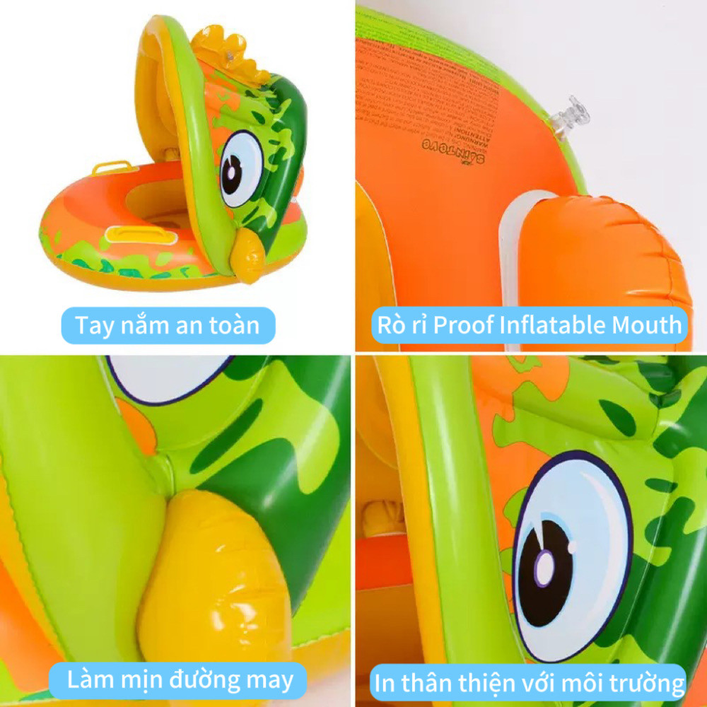 Baby Swimming Seat Boat with Handrails PVC Cartoon Children Swimming Sunshade Boat Detachable Swimming Ring