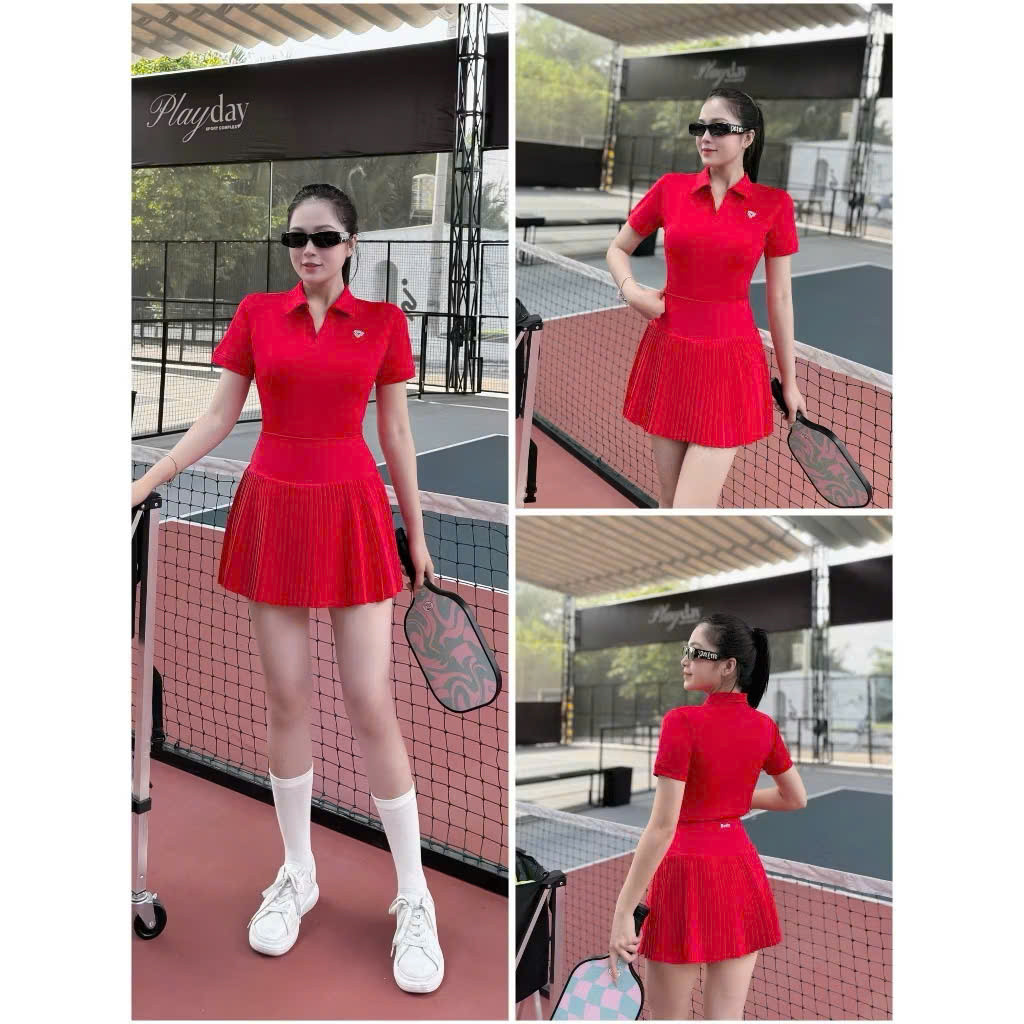 Bộ thể thao nữ TL01 áo polo + váy xếp ly tập pickleball, tennis, cầu lông, golf, chạy bộ...