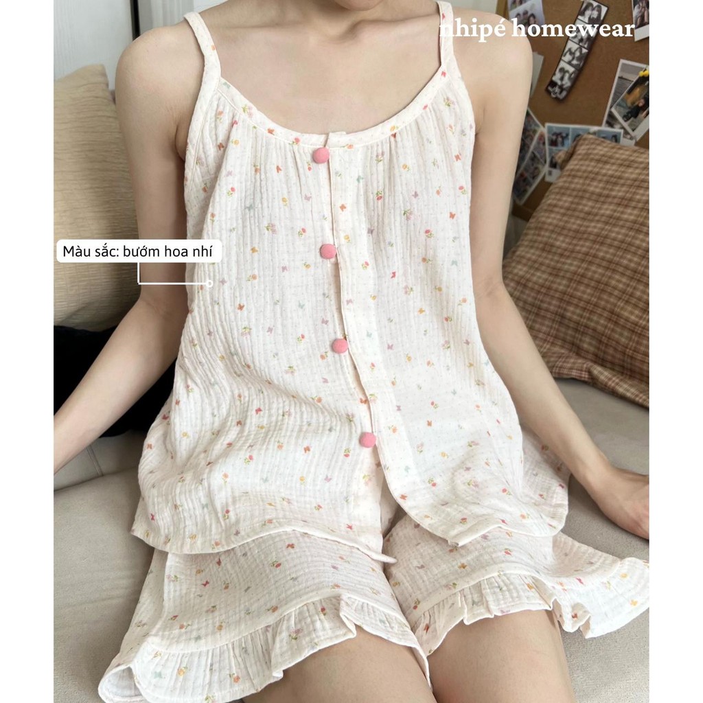 Bộ đồ xô muslin áo 2 dây quần đùi nhipé homewear nữ nút bọc mặc ngủ chất liệu cao cấp thoáng mát họa tiết xinh dễ thương