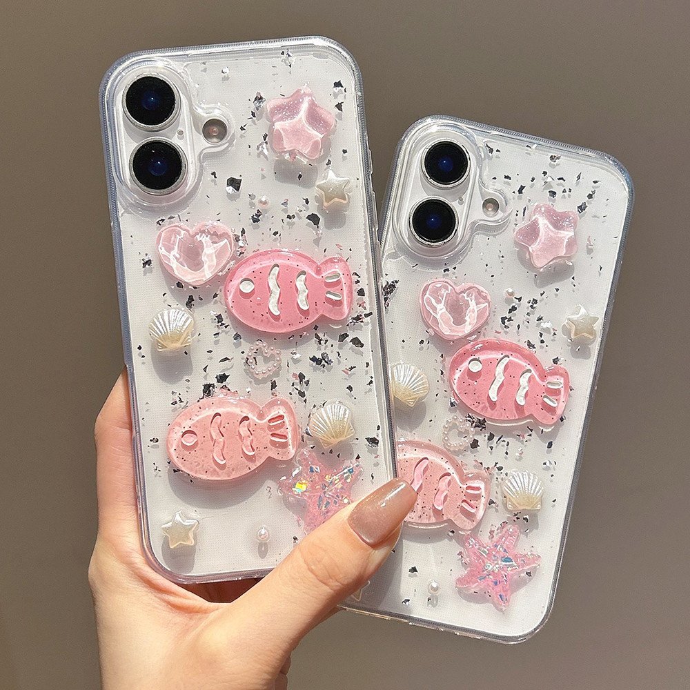 3D Vỏ Hồng Cá Bạc Lá Nhựa Ốp Lưng Điện Thoại iPhone 17 Pro Max 16 15 14 13 12 11 Vỏ Bảo Vệ Chống Sốc