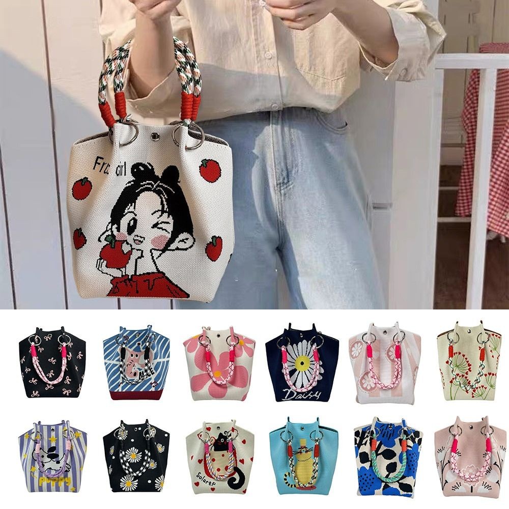 HOBBYIN Túi Đeo Vai HOBBYIN, Túi Xô Dệt Kim Dung Tích Lớn Handmade, Túi Xách Khóa Vòng Dệt Hoạt Hình Thời Trang Cho Nữ Bé Gái