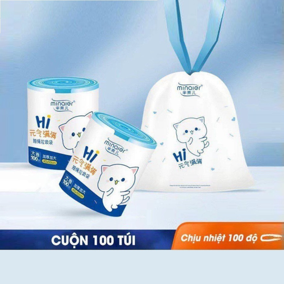 Túi Đựng Rác, Cuộn 100 Túi Có Quai Rút, Tự Huỷ Sinh Học, Kích Thước 45 x 50 cm, Siêu Dai, Chịu Nhiệt