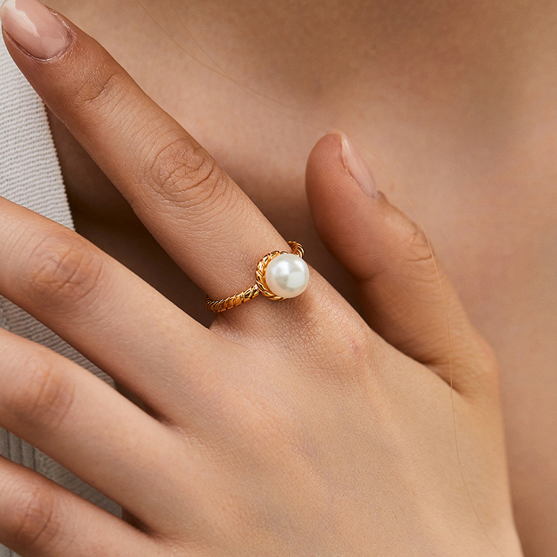Nhẫn nữ mạ vàng thanh lịch với ngọc trai và zircon, thiết kế có thể điều chỉnh